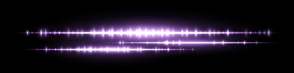 Glowing purple soundwave with dual waveform lines and intense light peaks on black background. Suitable for audio visualization, podcast player, music track or signal analysis design.