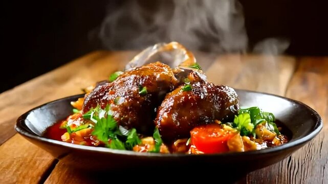 Steaming Albondigas en Chipotle Served on Wooden Table against Black Backdrop in Studio Lighting