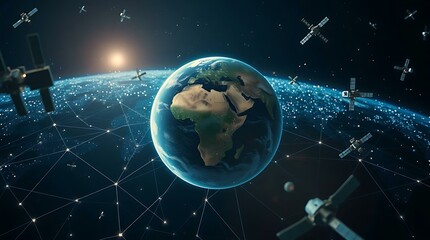 Naklejka premium Planet Earth Surrounded by Orbiting Satellites Connected by a Bright Global Network in the Dark Expanse of Space
