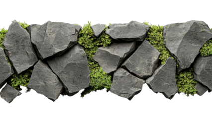 Png of A textured arrangement of dark stones interspersed with vibrant green moss, highlighting the beauty of nature's contrast.