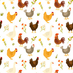 Funny seamless pattern with cute farm poultry. Hen, chicken, goose, rooster. Summer print with a domestic bird and flowers. Vector pattern, hand drawn. © Nadiia