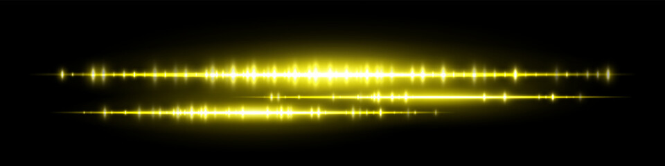 Glowing yellow soundwave with dual waveform lines and intense light peaks on black background. Suitable for audio visualization, podcast player, music track or signal analysis design.