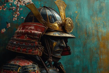 Close-up profile view of a worn samurai armor helmet and breastplate.