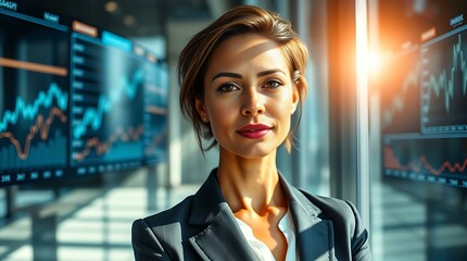 Confident Professional Woman with a Slight Smile Standing in Front of Digital Screens Displaying Financial Charts and Data