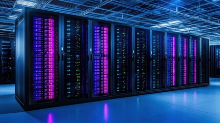 Data center with server racks processing information with blue lighting and glowing pink elements indicating data flow in the system room.