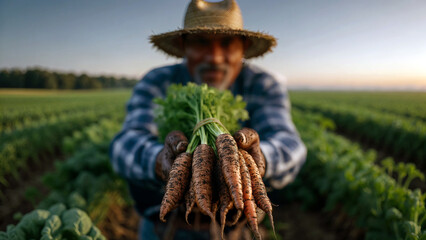 International Carrot Day concept. A farmer is showing a freshly picked carrot from the soil. Organic harvest and vegetable farming theme.