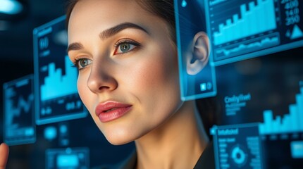 Confident Businesswoman Examining Stock Market Trends and Investment Graphics on a Transparent Display