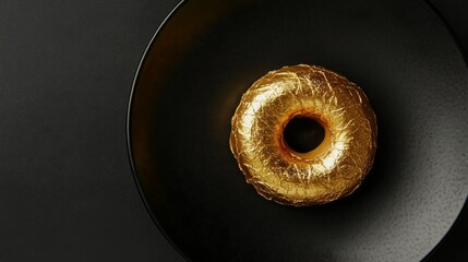 Edible Gold Foil Wrapped Donut on Black Plate Surface
