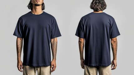 A man displays the front and back of a blank navy blue t-shirt on a neutral background, perfect for showcasing apparel designs and mockups.