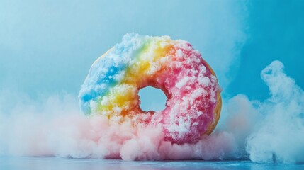Fototapeta premium Colorful Rainbow Donut with Soft Fluffy Texture on Blue Background