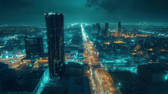 Riyadh cityscape glows under night sky with vibrant lights and modern architecture, riyadh cityscape night aerial view