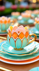 Pastel Teal and Pink Lotus Flower Teacup Set on Table