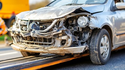 Fototapeta premium Heavily Damaged Silver Car Being Towed Away After Road Accident, Showing Extensive Front-End Damage