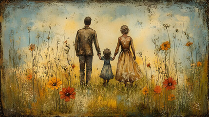 Family portrait amidst wildflowers in a nostalgic scene.