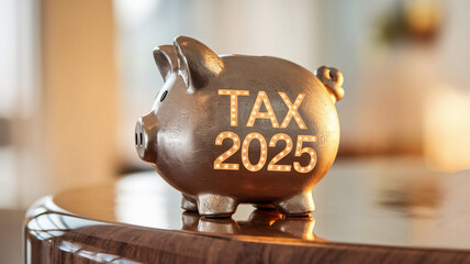 Gold piggy bank with "TAX 2025" illuminated, sitting on a wooden table, symbolizes financial planning and tax preparation for the new year
