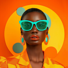 A stylish Afro-American girl in sunglasses, dressed in vibrant yellow and orange tones, radiates summer energy and confidence, embodying the essence of bold, sunny fashion.
