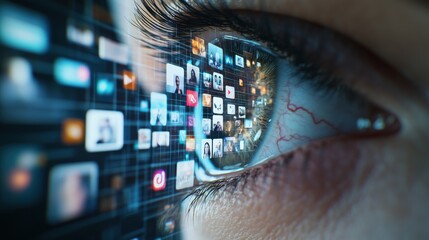 A close-up of a human eye reflecting a stream of digital images, conveying information overload and the impact of social media.