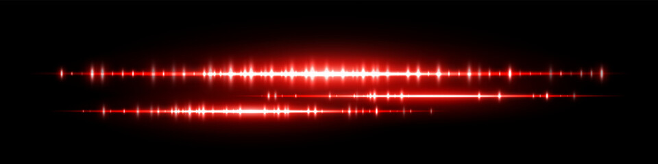 Bright red audio waveform with dual frequency bands and glowing shine. Ideal for podcast visuals, sound signal analysis, equalizer interface or electronic music display.