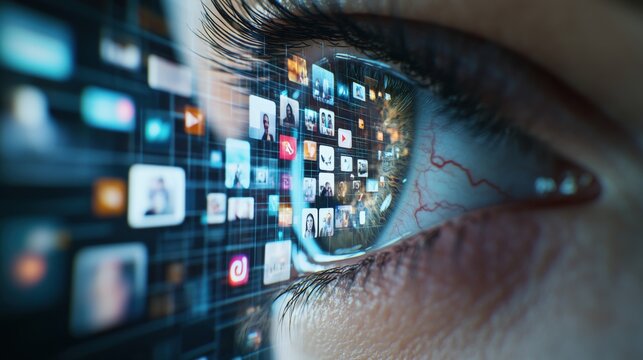 A close-up of a human eye reflecting a stream of digital images, conveying information overload and the impact of social media.
