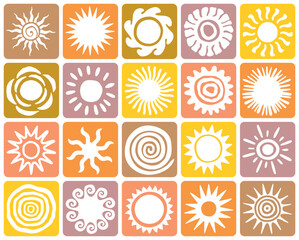 Hand drawn images of a suns with rays doodle seamless pattern set. Summer vacation background vector collection in vintage art style. 