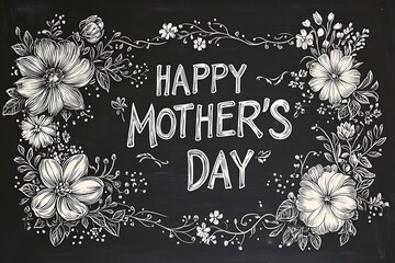 Fototapeta premium Mother’s Day Chalkboard Background with Hand-Drawn Flowers – Vintage Floral Design