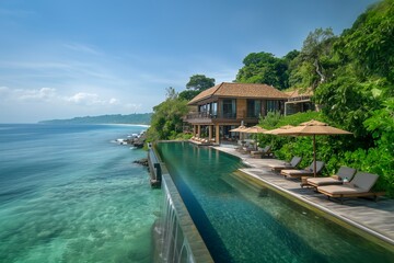 Obraz premium Luxury tropical resort with infinity pool by the ocean, sunny summer vacation destination.