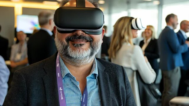 Businessman experiencing VR at conference - Powered by Adobe