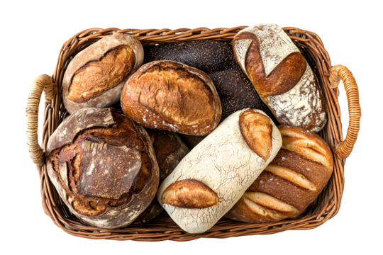 Assorted loaves of artisan bread in a wicker basket.  Various shapes, textures, and colors of crusty, sourdough, and other types of bread.  Different baking techniques are evident in the loaves