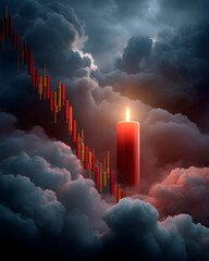 Glowing red candlestick chart dropping steeply into storm clouds representing financial crash and extreme market volatility
