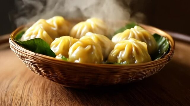 Steaming Dumplings in Woven Basket on Wooden Table Displaying Savory Cuisine in Close Up Detailed View