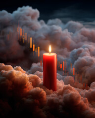 Glowing red candlestick chart dropping steeply into storm clouds representing financial crash and extreme market volatility
