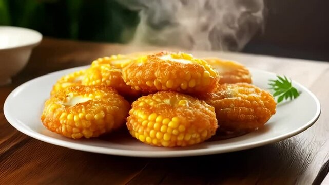 Steaming Elotes Stacked High on White Plate on Rustic Wood Perfect Street Food Delight