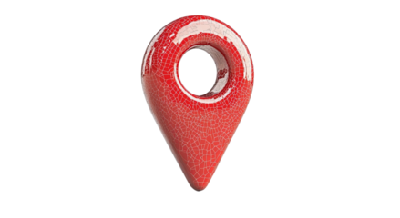 Png of A shiny red location pin with a cracked surface, symbolizing navigation and mapping services.