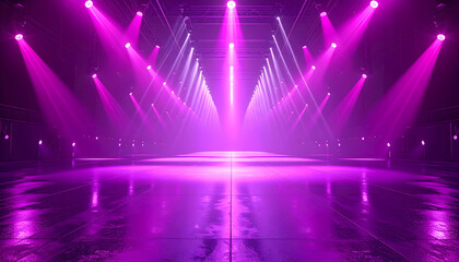 Purple Stage Lighting: Dramatic purple stage lighting illuminates an empty stage, creating a vibrant and energetic atmosphere, perfect for concerts, performances, or presentations.