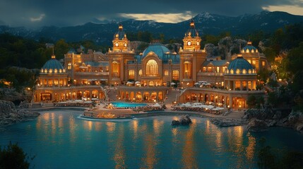 Obraz premium Luxurious palace complex by a reflecting pool at twilight.