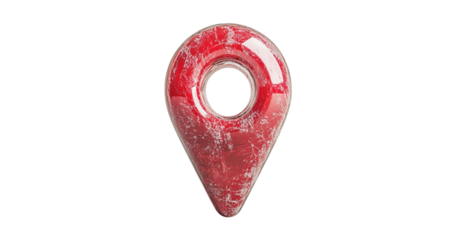 Png of Close-up of a weathered red location pin on a white background, conveying a sense of direction and navigation.