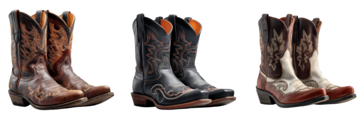 Assorted Cowboy Boots with Distinctive Designs Isolated on a Transparent Background