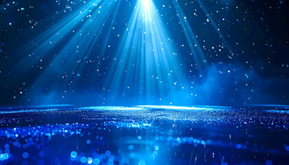 Blue Spotlight Stage: Dramatic blue spotlight illuminates an empty stage, perfect for showcasing product launches, award ceremonies, or theatrical performances.