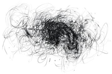 Abstract chaotic tangle of interwoven lines and threads, in shades of gray and black, forming a dense, complex structure