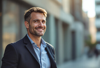 Fototapeta premium Confident man smiling in urban setting. Banner with empty space for text