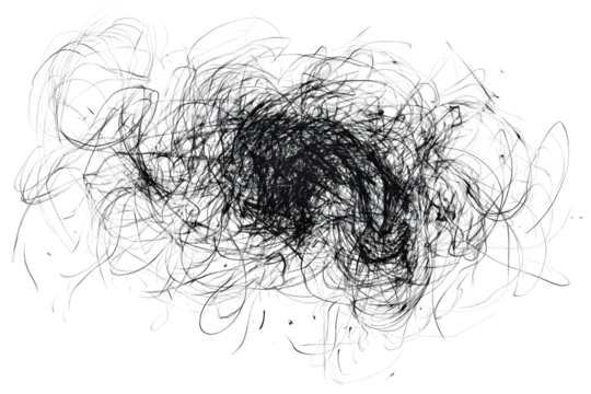 Abstract chaotic tangle of interwoven lines and threads, in shades of gray and black, forming a dense, complex structure