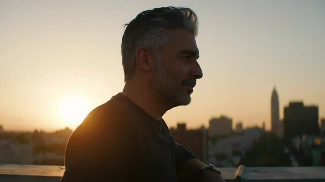 Man gazing at a sunset skyline from a rooftop, capturing a moment of reflection and tranquility - side smirk | smirk man