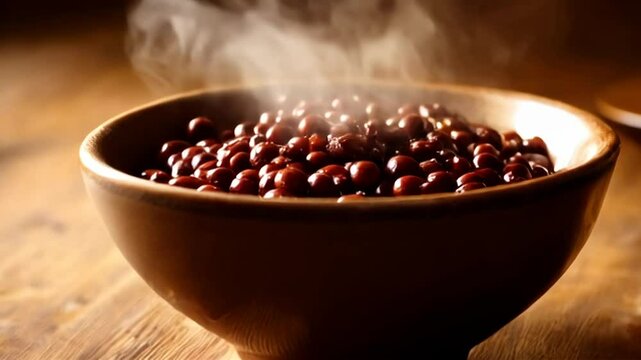 Steaming Frijoles De La Olla in Rustic Bowl on Wooden Table Aromatic Traditional Mexican Cuisine Close Up Warm Homemade Comfort Food Still Life