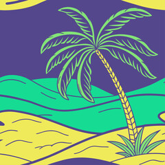 Fototapeta premium Palm Tree Beach Sun Moon Seamless Pattern Tropical Island Design