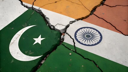 Pakistan and India flags, concrete wall texture with cracks, grunge background, military conflict concept