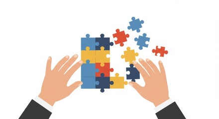 Hands assembling a colorful puzzle pieces.