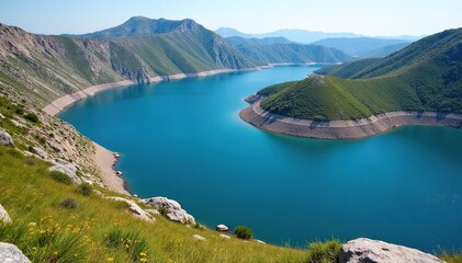 Irregular shaped lake with winding shoreline and rocky outcrops, aerial, color