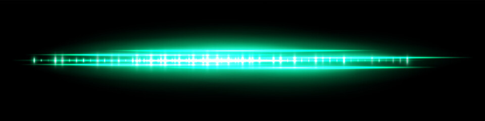Green glowing waveform with soft flare and reflection, radiating light intensity and dense central pattern. Used for futuristic audio display, signal visualization or interface effect.