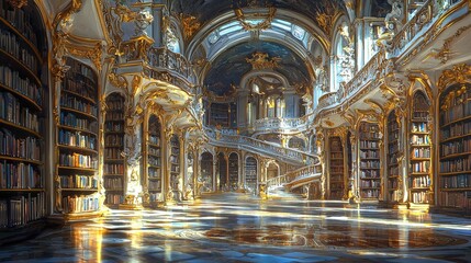 Naklejka premium A grand, ornate library interior, bathed in golden light.