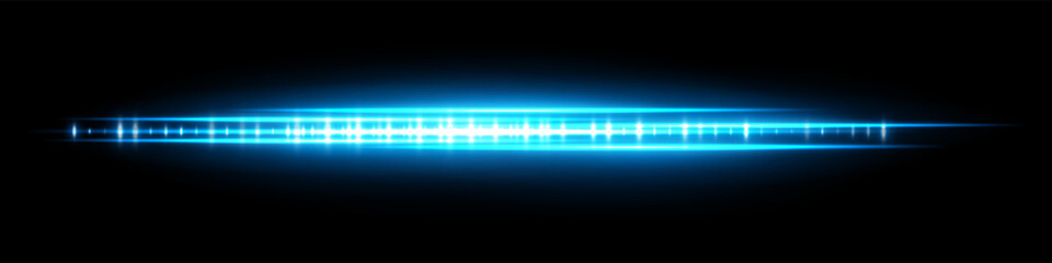 Blue glowing waveform with soft flare and reflection, radiating light intensity and dense central pattern. Used for futuristic audio display, signal visualization or interface effect.